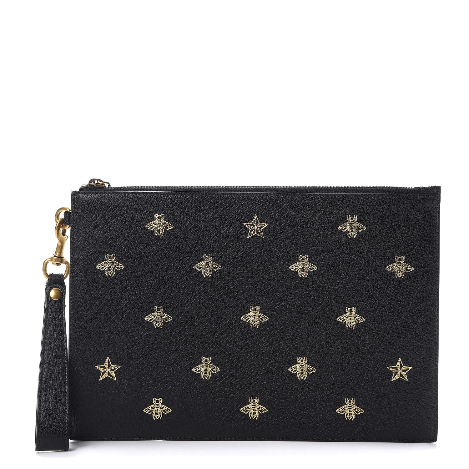 Gucci Dollar Calfskin Boar Effect Bee Star Zip Wristlet Pouch Black 1 of 7