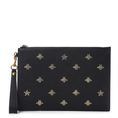 Gucci Dollar Calfskin Boar Effect Bee Star Zip Wristlet Pouch Black 1 of 7