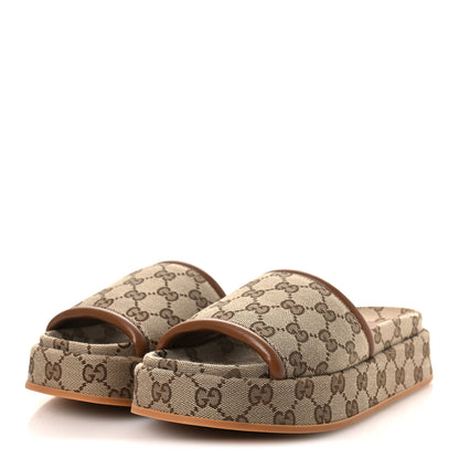 Gucci Original GG Canvas Monogram Womens GG Platform Sandals 37.5 Beige Ebony Sundial 4 of 11