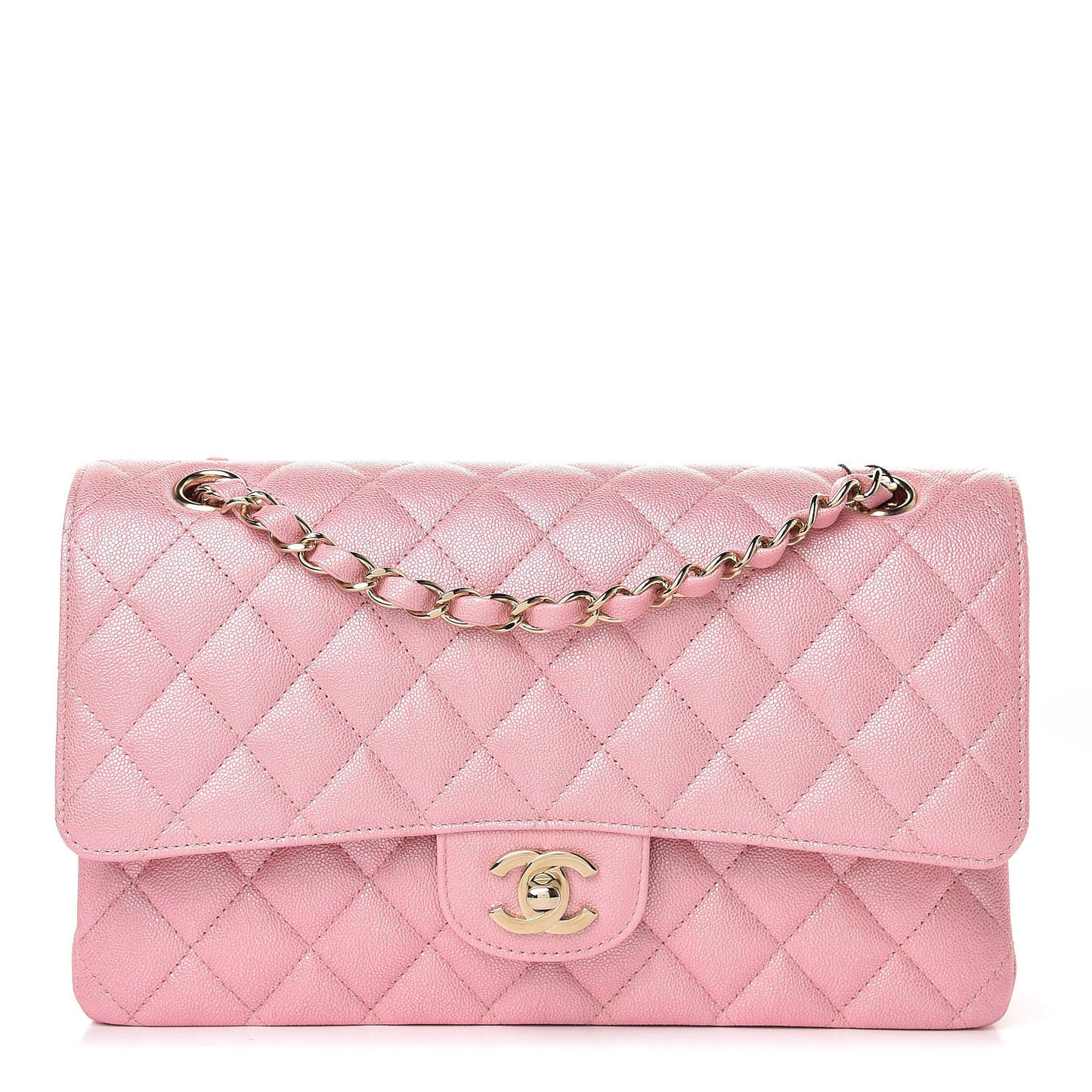 Iridescent Caviar Quilted Medium Double Flap Rose Pink