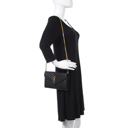Saint Laurent Grain De Poudre Matelasse Chevron Monogram Chain Wallet Black 2 of 12