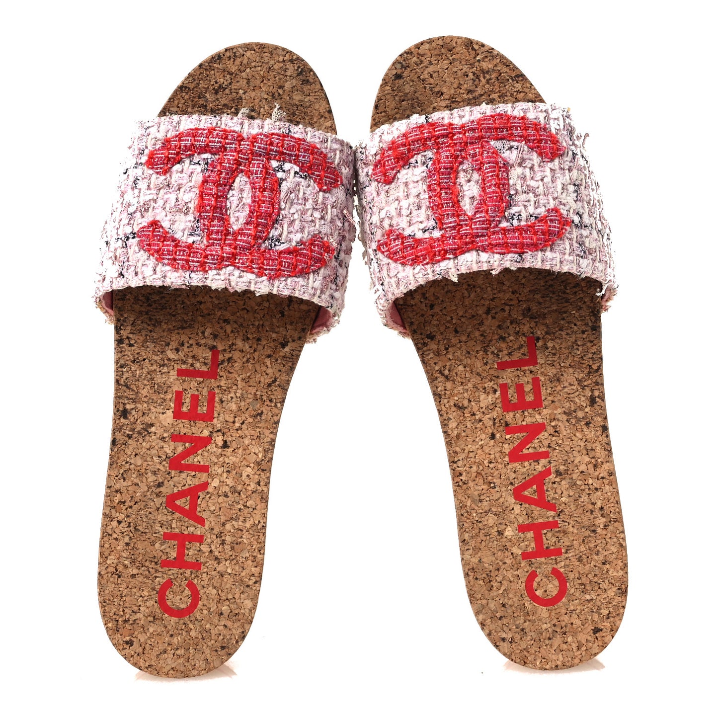 Tweed Lambskin Cork CC Mule Sandals 36 Pink Red