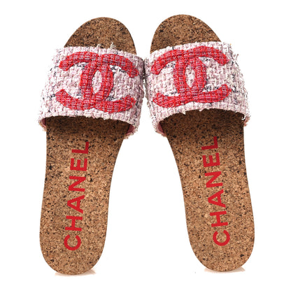 Chanel Tweed Lambskin Cork CC Mule Sandals 36 Pink Red 2 of 10