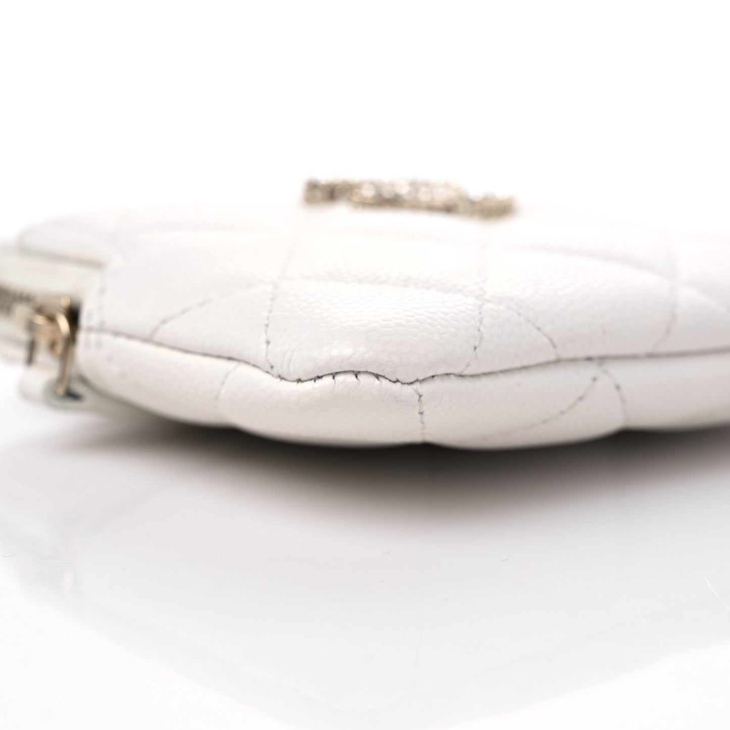 Caviar Quilted Crystal Zip Card Holder Wallet White