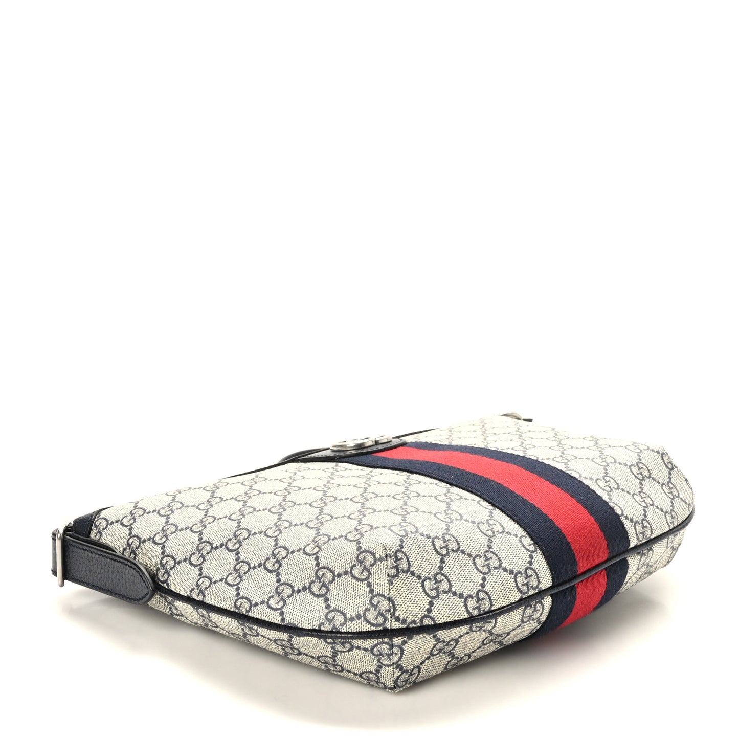 GG Supreme Monogram Textured Dollar Calfskin Web Small Ophidia Half Moon Hobo Beige Blue