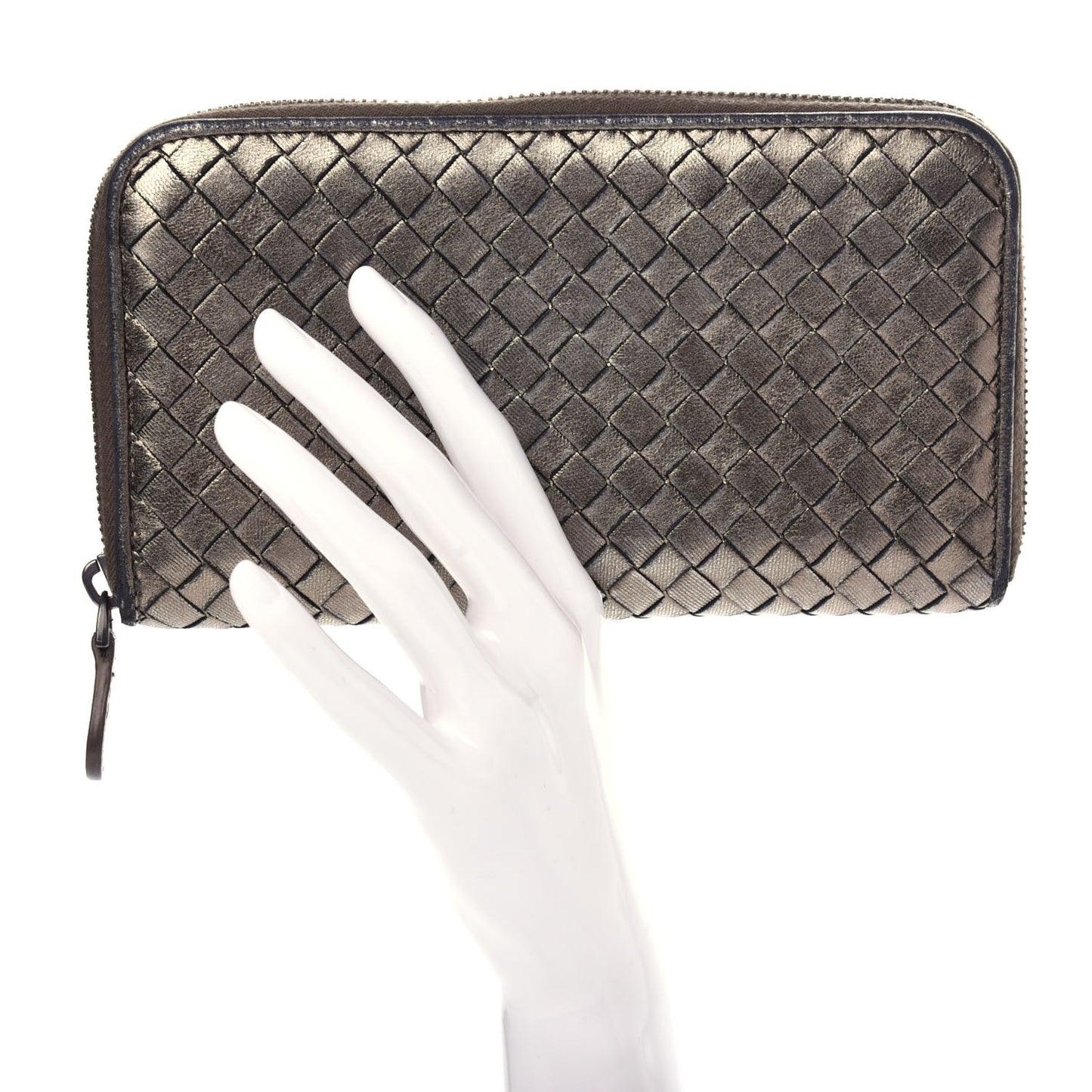 Metallic Grosgrain Intrecciato Zip Around Wallet Pewter