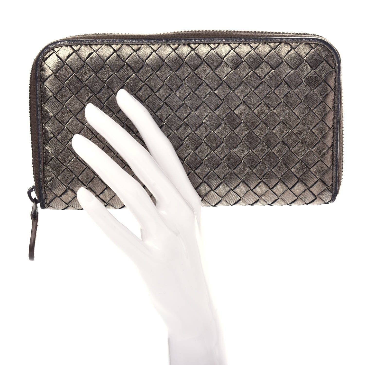 Bottega Veneta Metallic Grosgrain Intrecciato Zip Around Wallet Pewter 2 of 7
