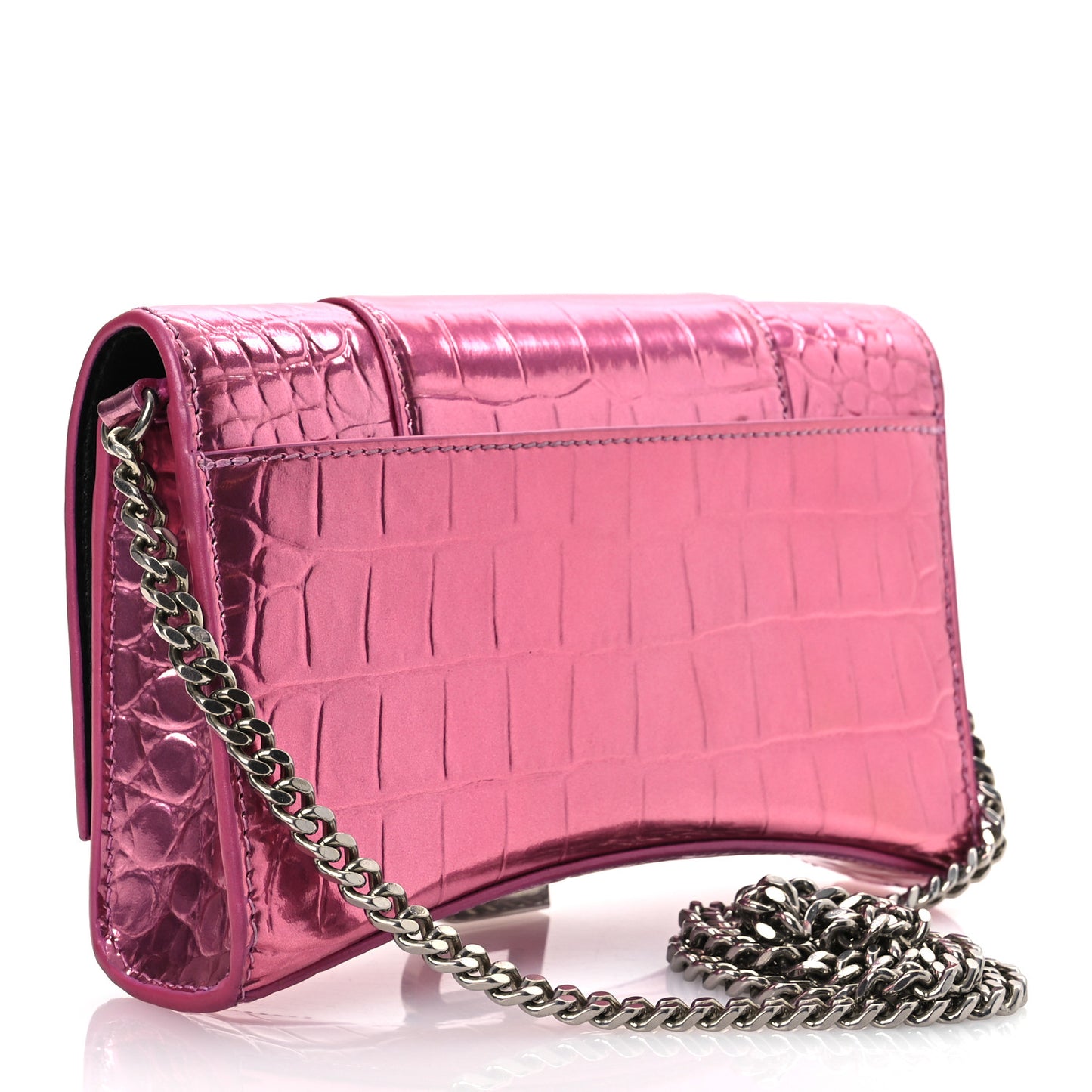Metallic Shiny Calfskin Crocodile Embossed Hourglass Chain Bag Pink