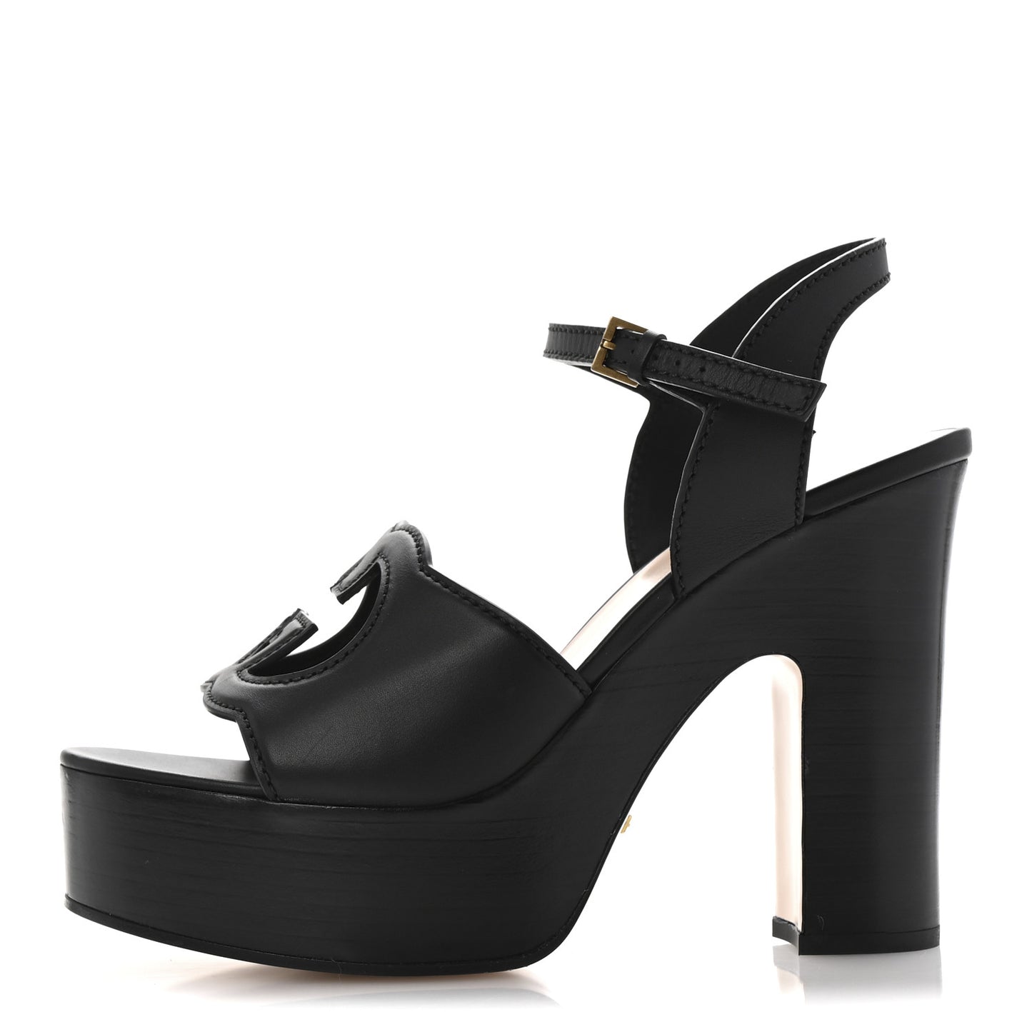 Cosmos Softy Calfskin Wooden Interlocking G Cut-Out 30/120mm Platform Sandals 40.5 Black