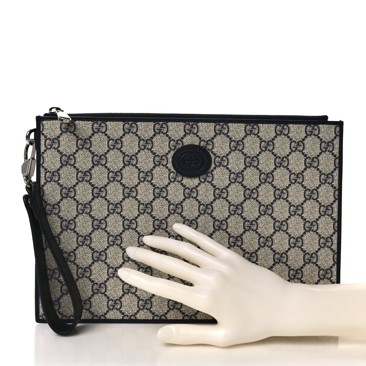 GG Supreme Monogram Textured Dollar Calfskin Retro Interlocking G Wristlet Pouch Beige Blue