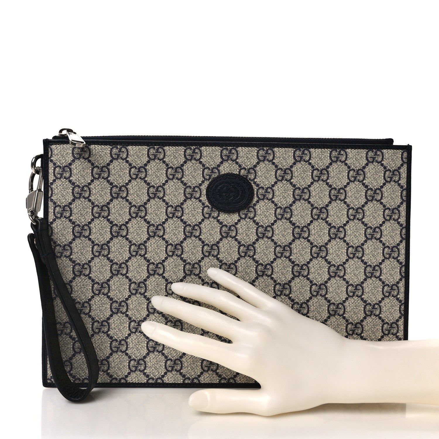 Gucci GG Supreme Monogram Textured Dollar Calfskin Retro Interlocking G Wristlet Pouch Beige Blue 2 of 6