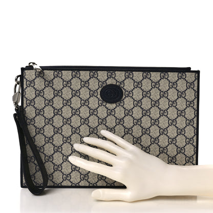 Gucci GG Supreme Monogram Textured Dollar Calfskin Retro Interlocking G Wristlet Pouch Beige Blue 2 of 6