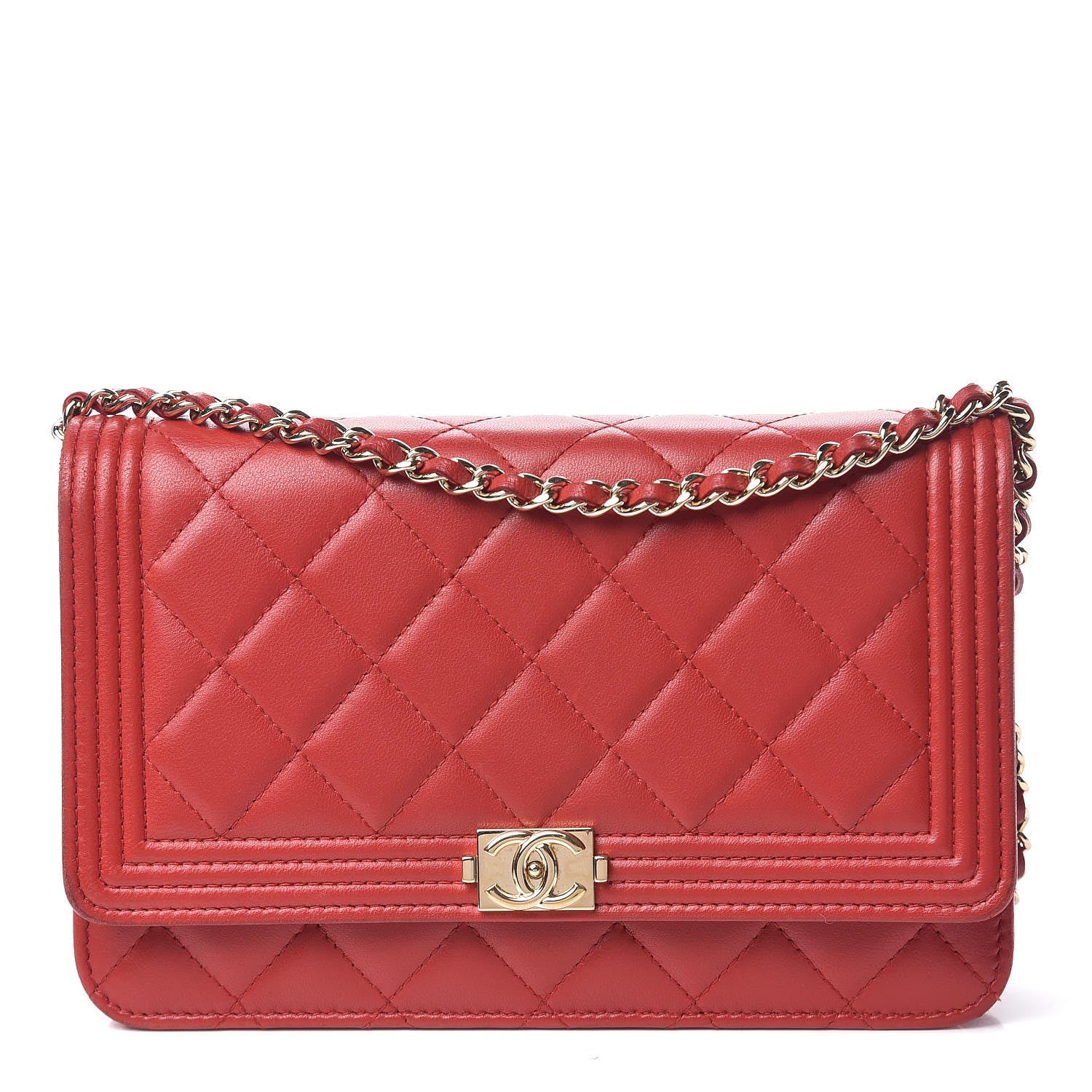 Chanel Lambskin Quilted Boy Wallet On Chain WOC Red 1 of 12