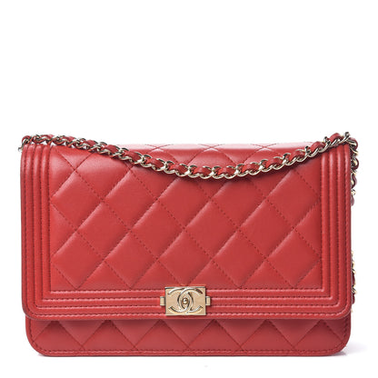 Chanel Lambskin Quilted Boy Wallet On Chain WOC Red 1 of 12