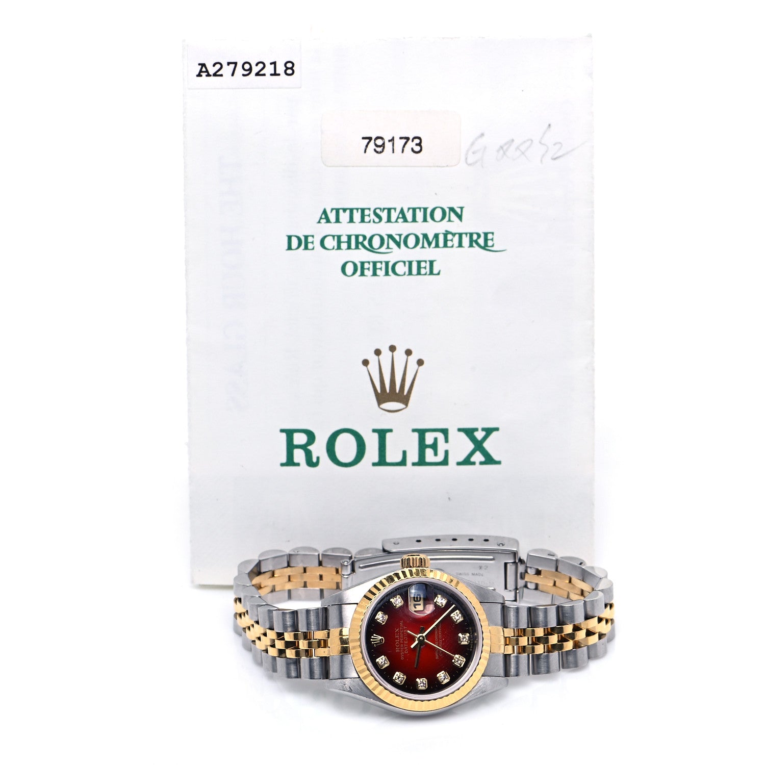 Rolex Stainless Steel 18K Yellow Gold Diamond 26mm Oyster Perpetual Datejust Watch Red Gradient 79173 9 of 10