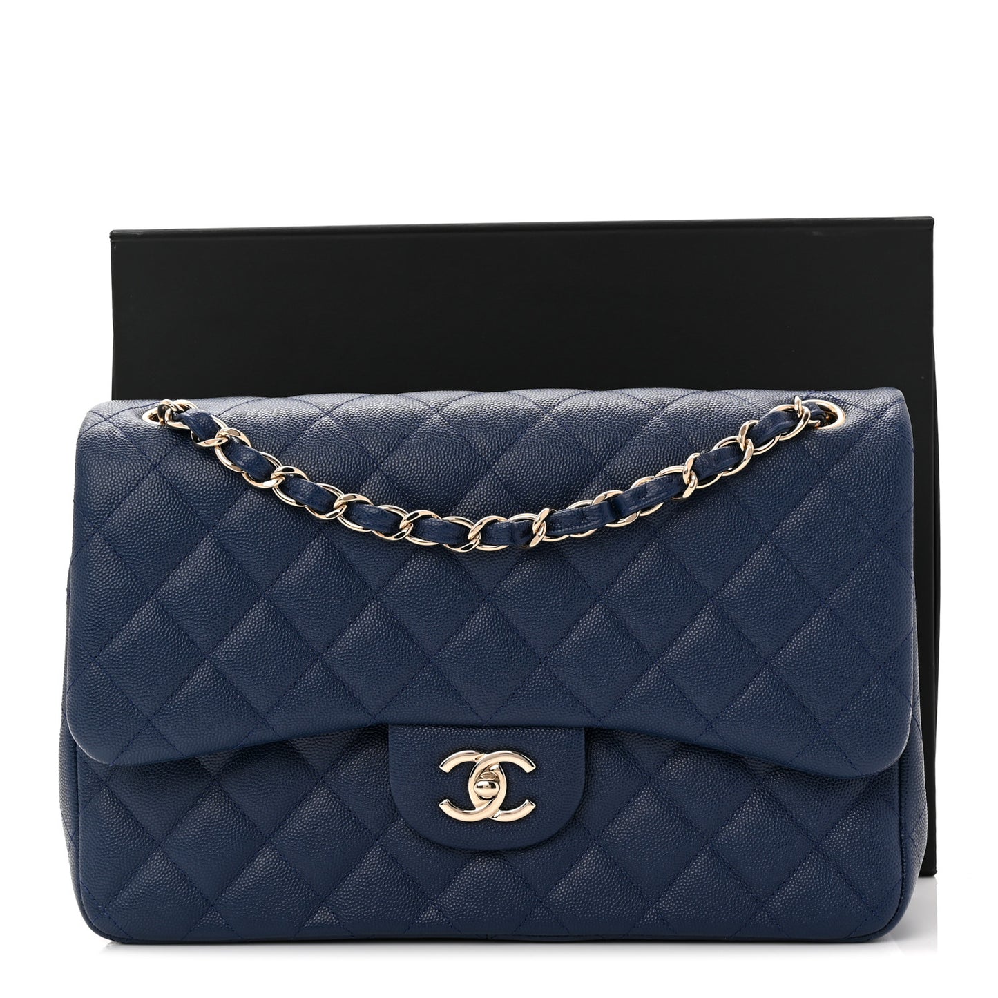 Caviar Quilted Jumbo Double Flap Navy Blue