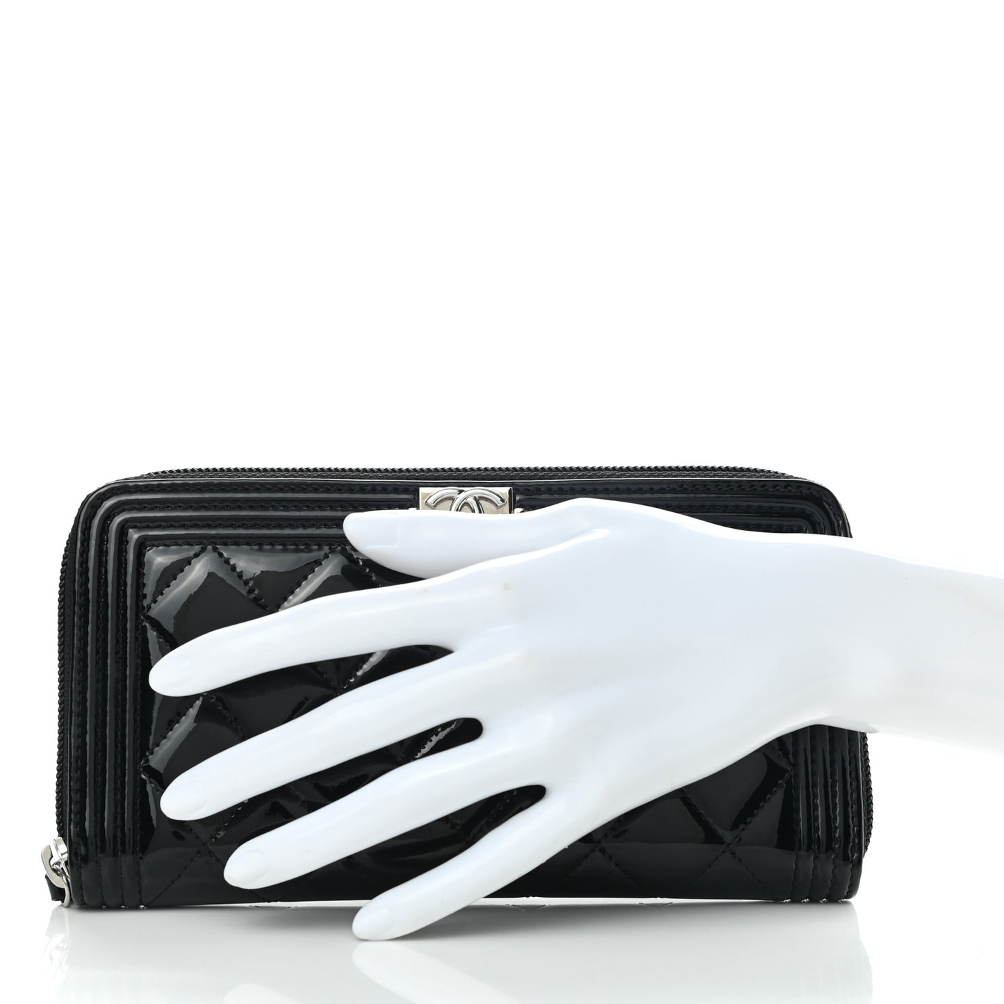 Patent Calfskin Quilted Boy L-Gusset Zip Wallet Black