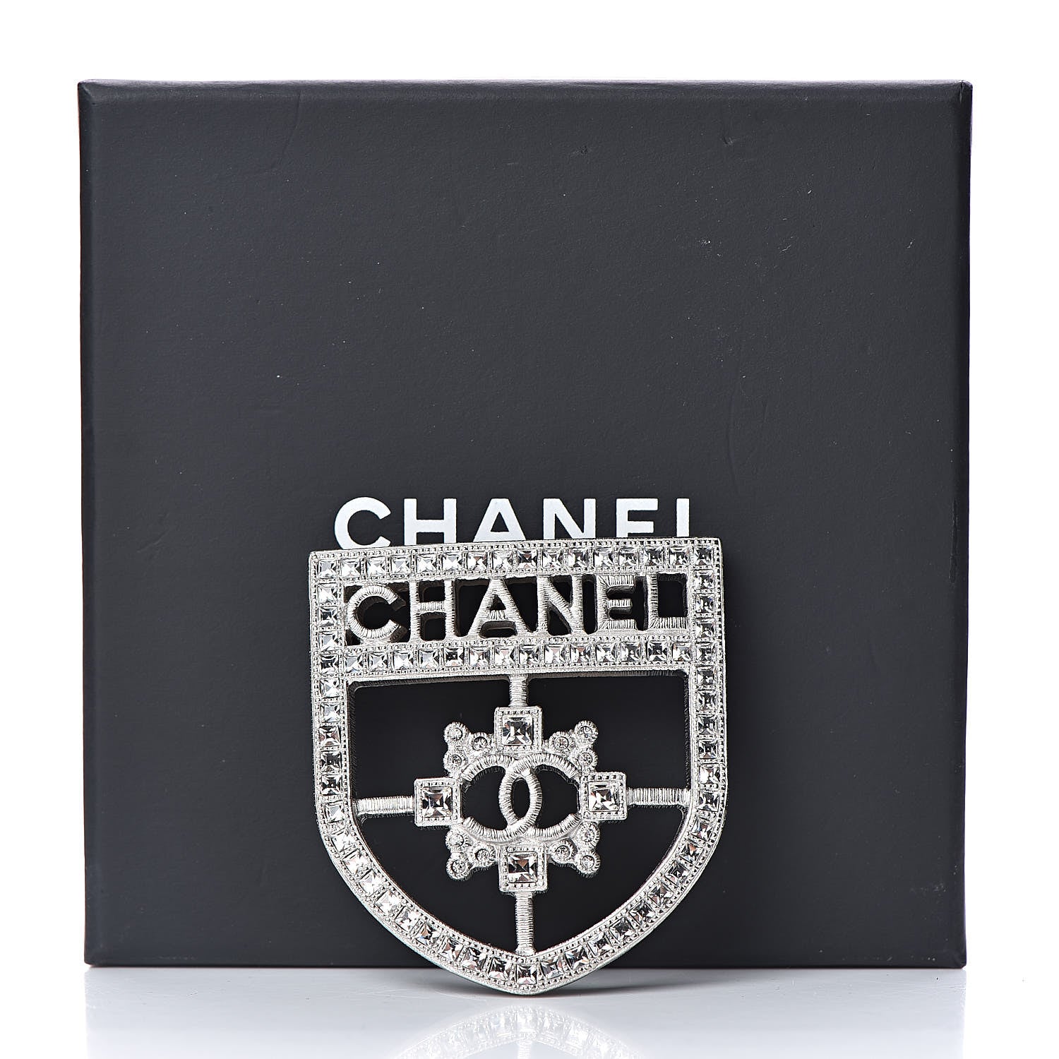 Chanel Swarovski Baguette Crystal CC Shield Brooch Silver 5 of 5