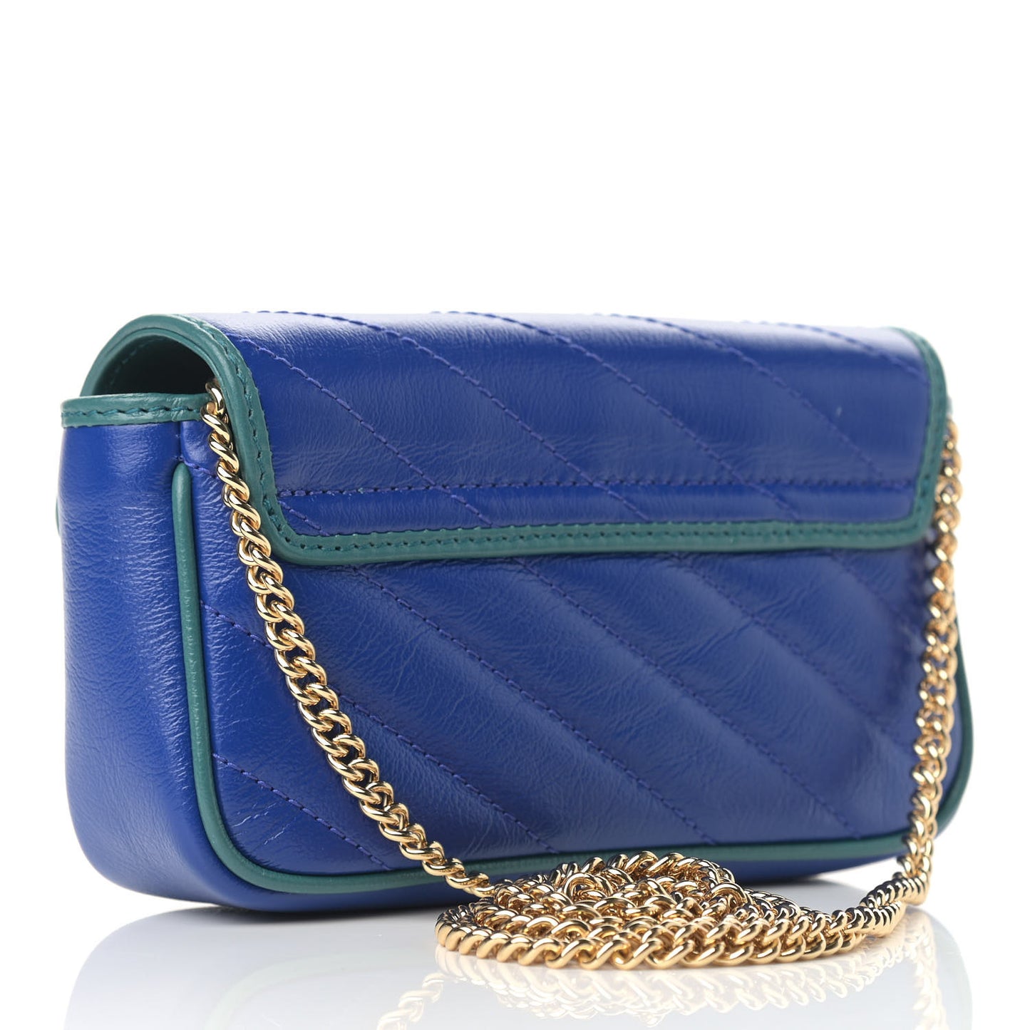 Azalea Calfskin Enamel Matelasse Diagonal Super Mini Torchon GG Marmont Shoulder Bag Imperial Blue Pavone