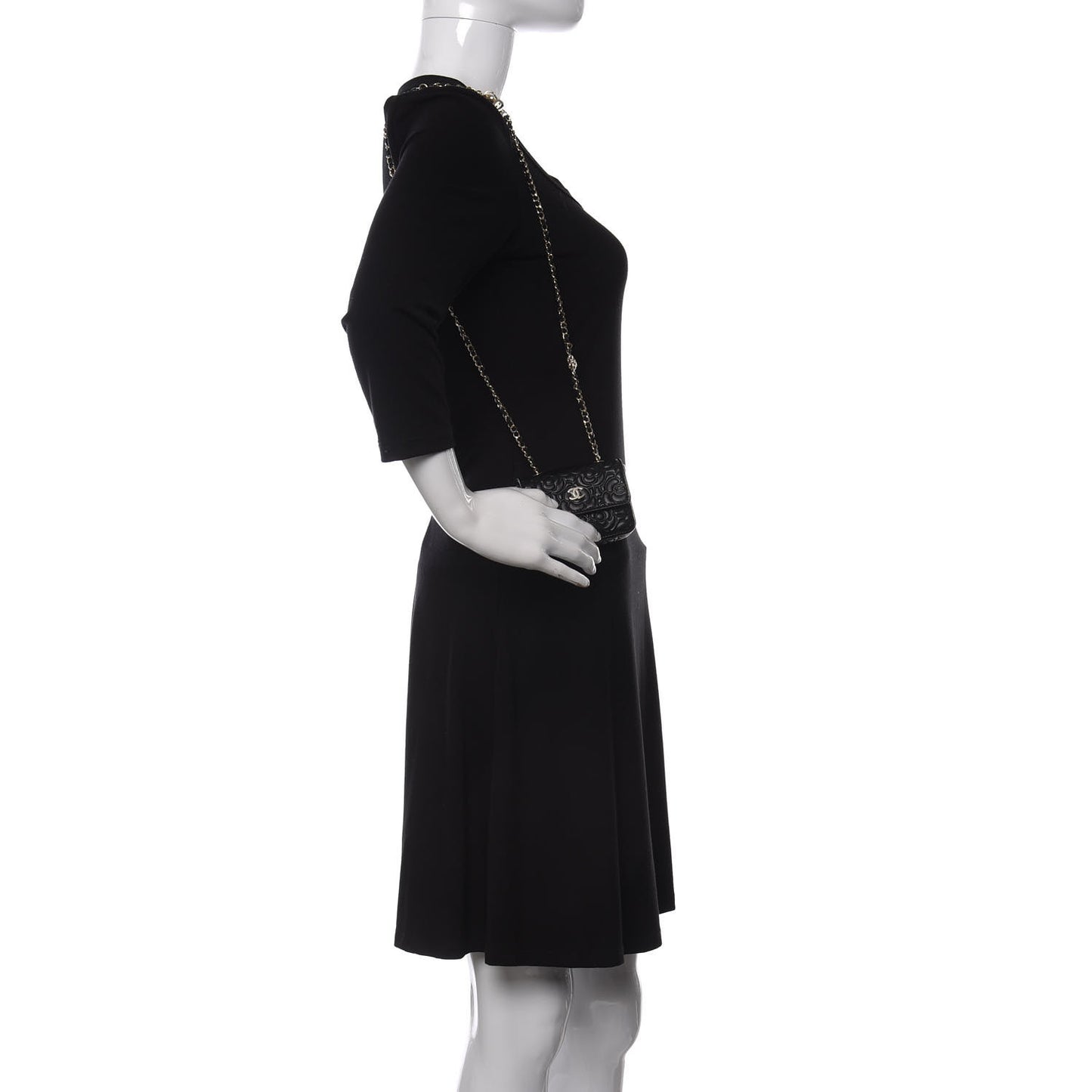 Lambskin Camellia Embossed Chain Belt Bag Black