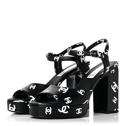 Chanel Printed Lambskin Coco Beach Platform Sandals 39 Black White 3 of 12