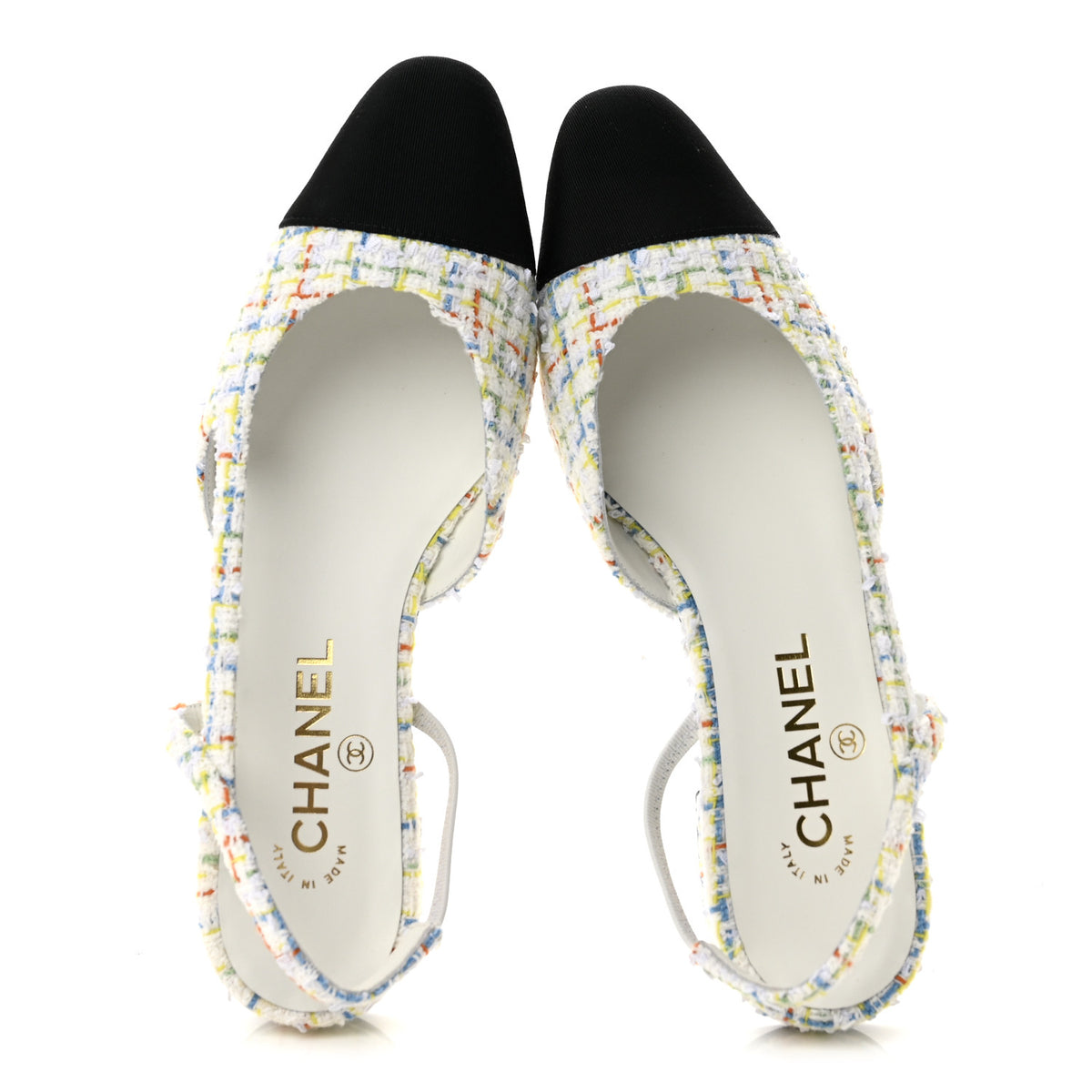 Chanel Tweed Grosgrain Cap Toe CC Slingback Flat 38 White Multicolor 2 of 10