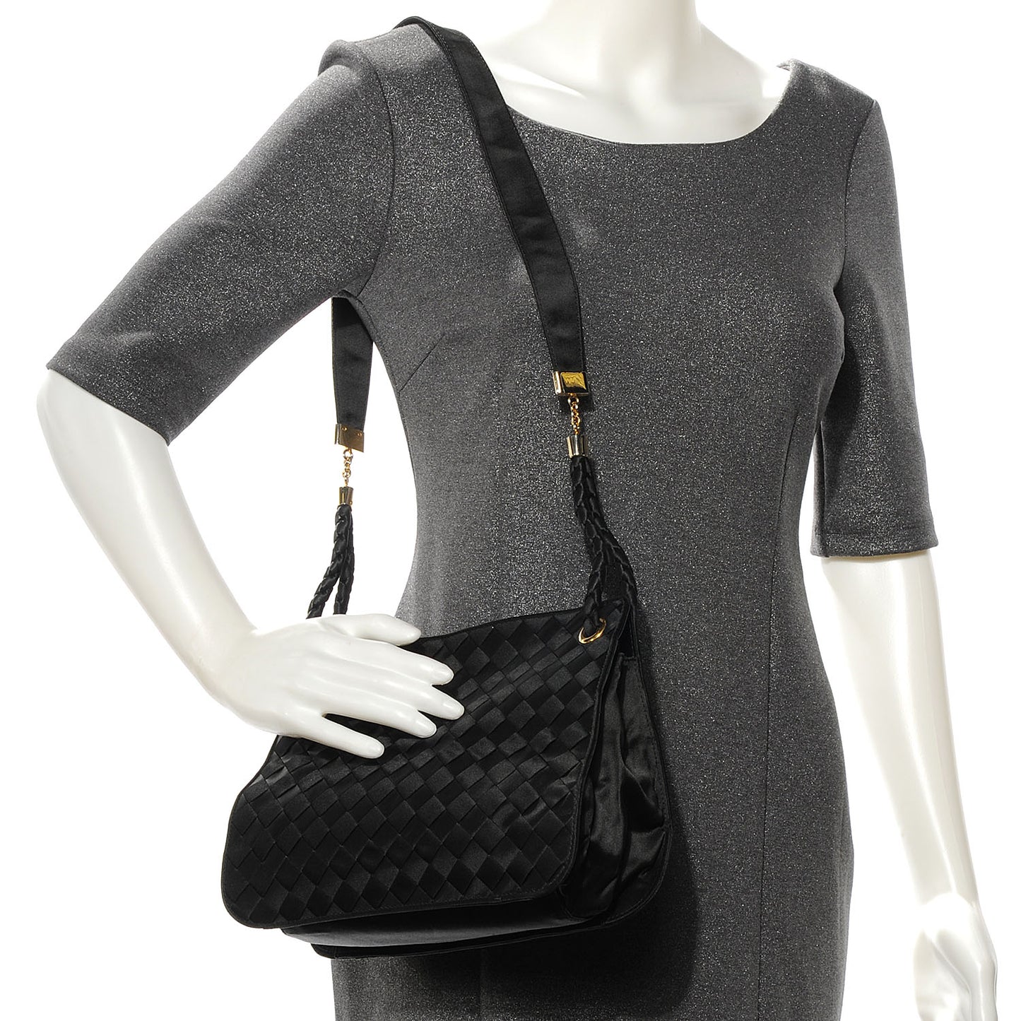 Vintage Woven Satin Shoulder Bag Black