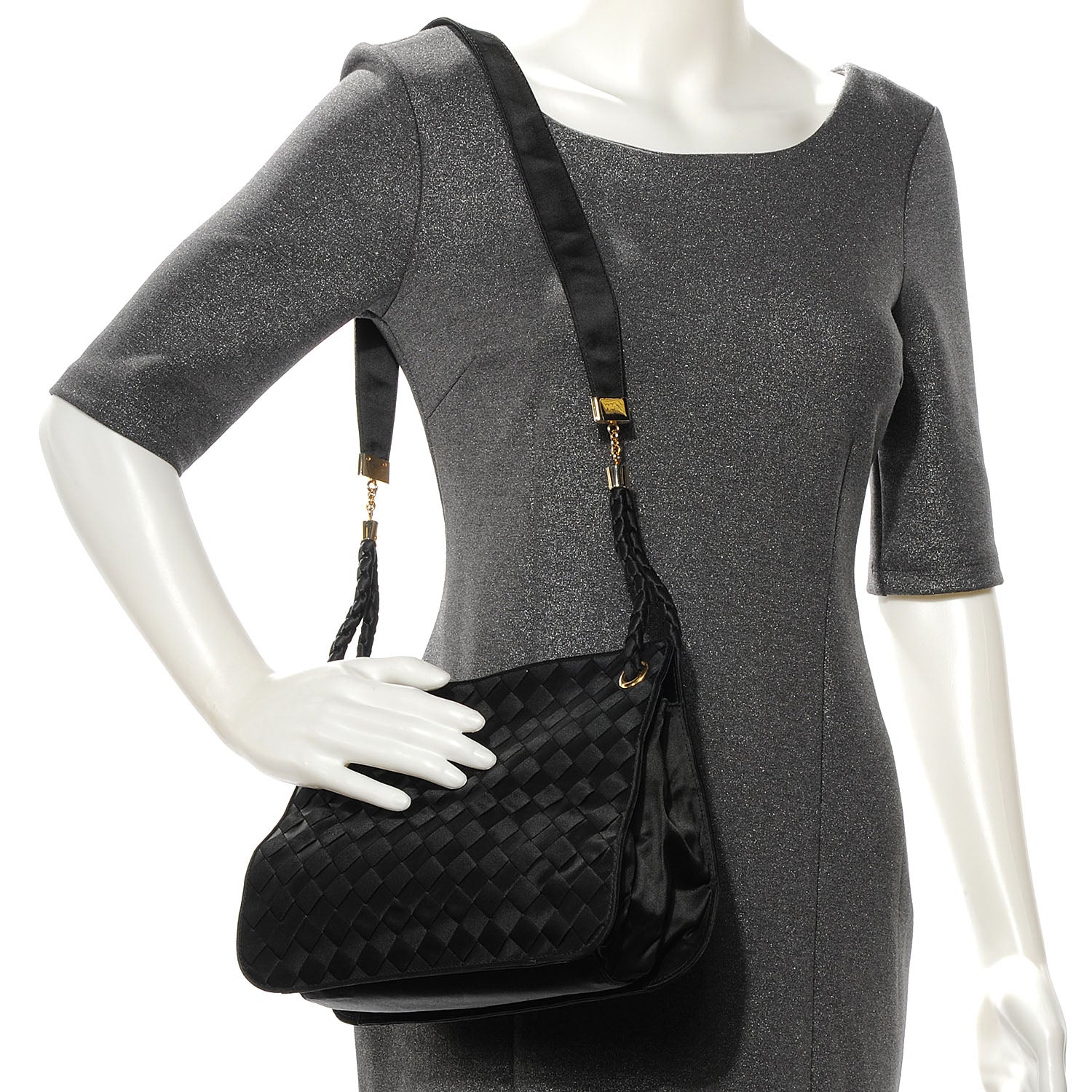 Bottega Veneta Vintage Woven Satin Shoulder Bag Black 2 of 7