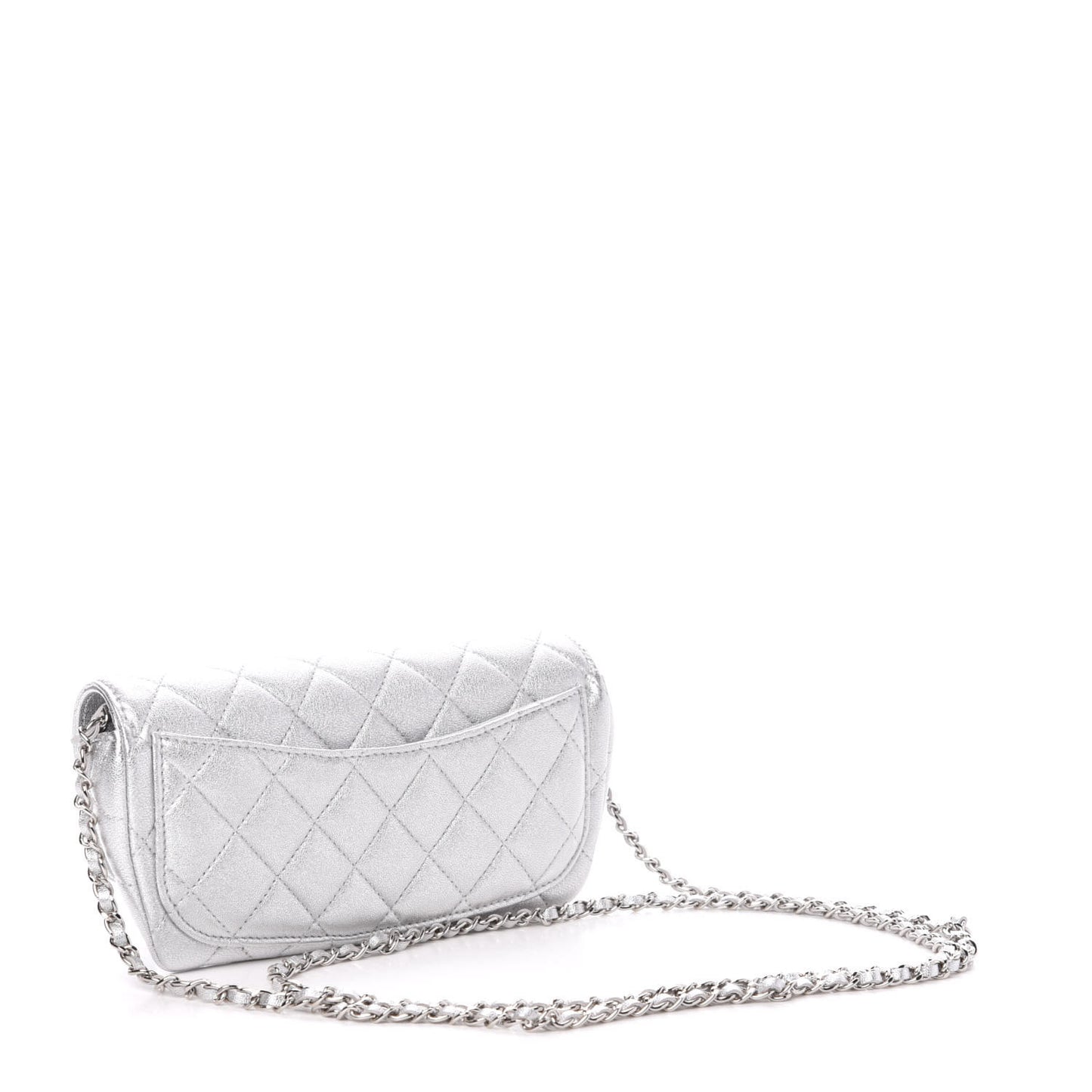 Metallic Lambskin Quilted Glasses Case With Chain Silver