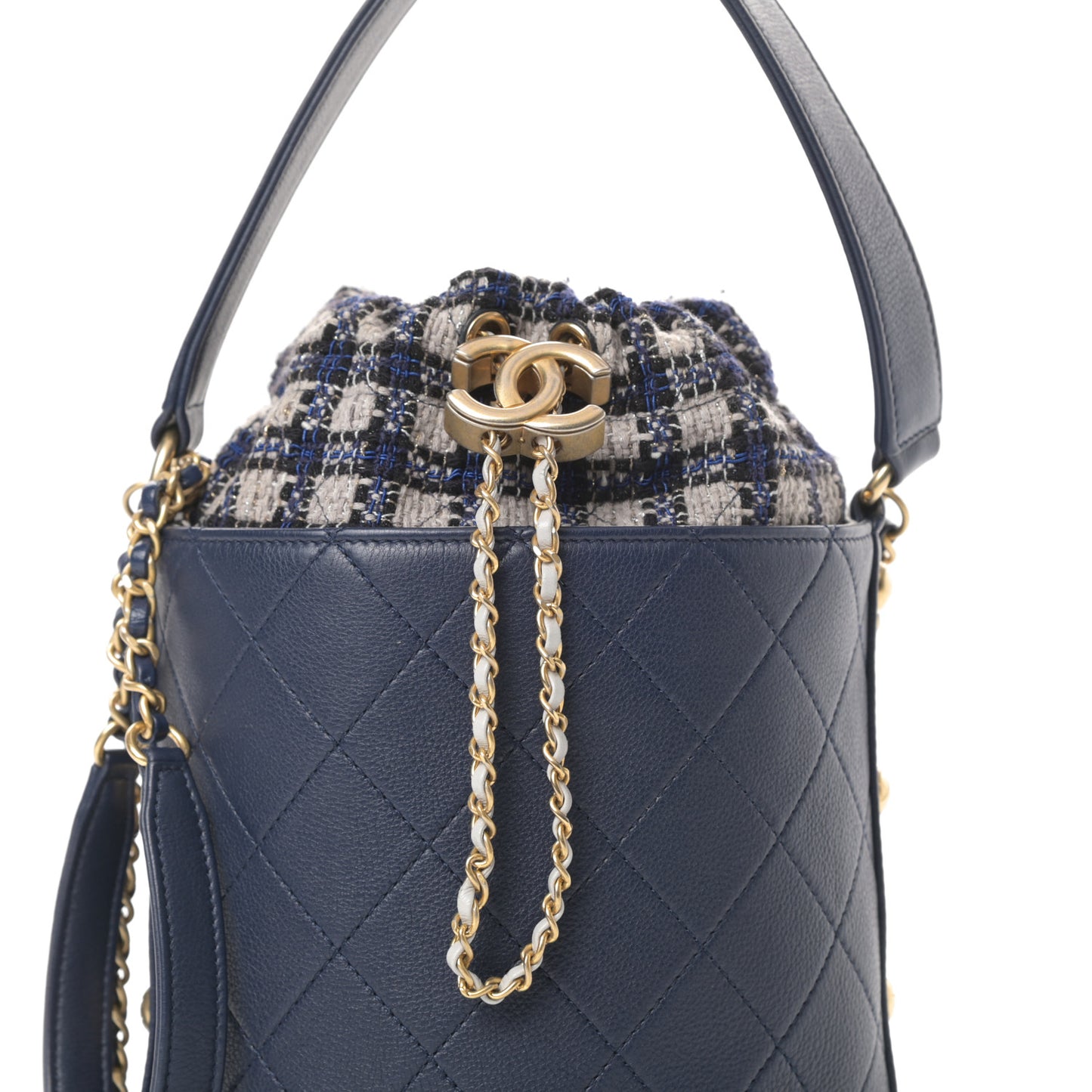Calfskin Tweed Medium CC Chain Bucket Drawstring Bag Navy Blue Multicolor