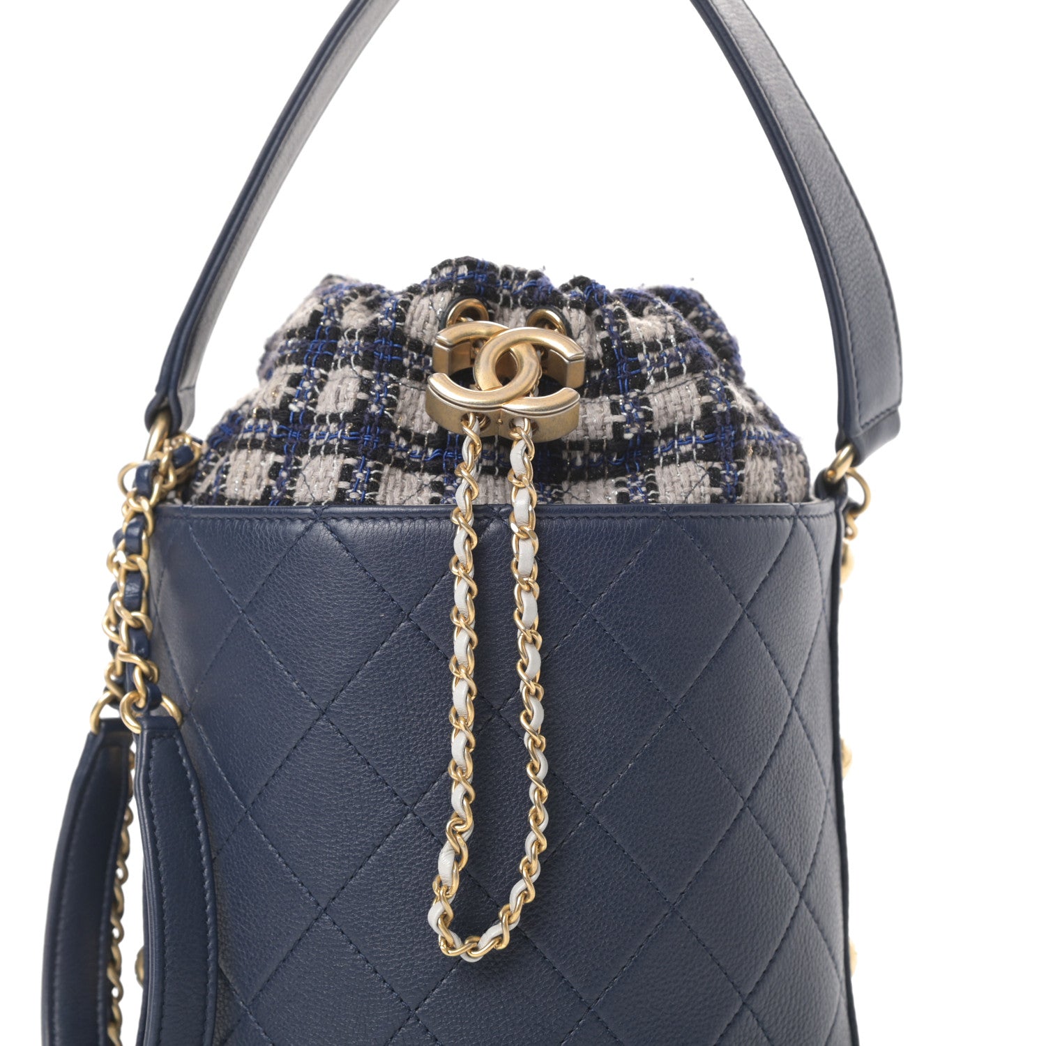 Chanel Calfskin Tweed Medium CC Chain Bucket Drawstring Bag Navy Blue Multicolor 8 of 10