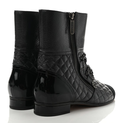Chanel Glazed Deerskin Grosgrain Quilted Cap Toe Chain Boots 38 Grey Black 4 of 8