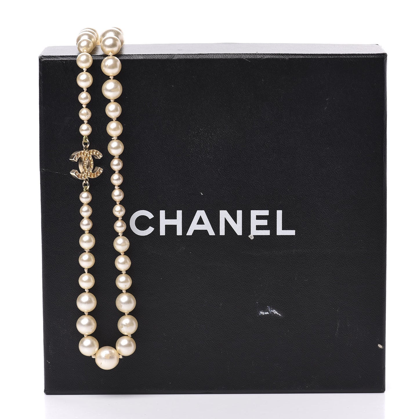 Pearl Crystal Long CC Necklace Gold