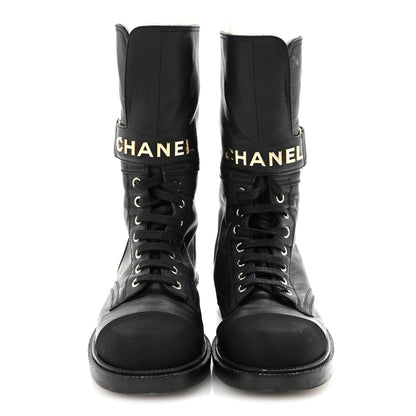 Chanel Shiny Calfskin Lace Up Combat Boots 37 Black 5 of 16