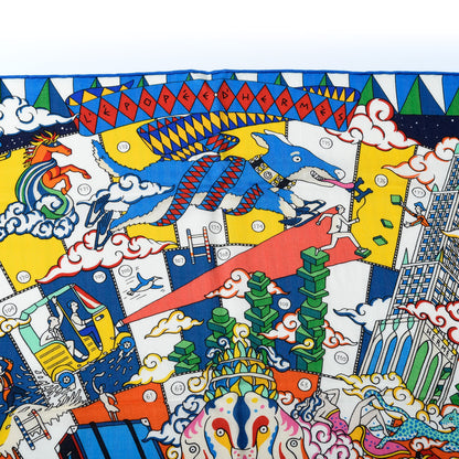 Hermes Cashmere Silk L'Epopee D'Hermes Shawl 140 Bleu Jaune Multicolore 4 of 5