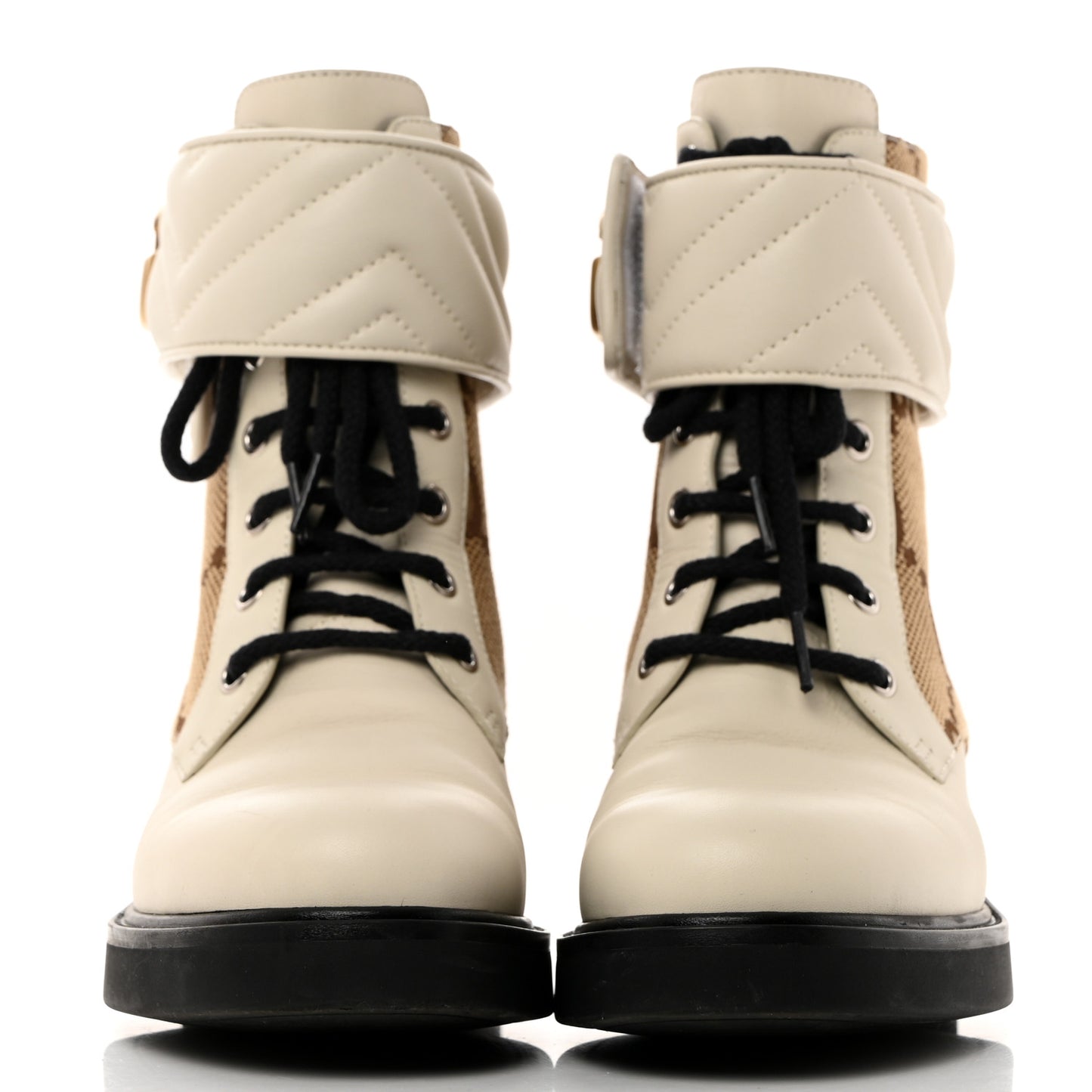 Flores Calfskin Monogram Maxi GG Nappa Matelasse Double G 40mm Ankle Boots 38.5 Mystic White Camel Ebony