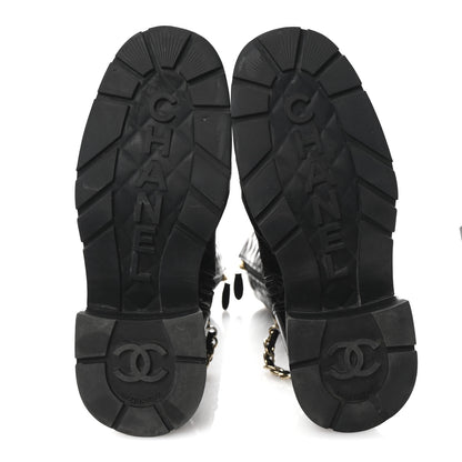 Chanel Shiny Calfskin Patent Quilted Chain Lace Up Combat Long Boots 38.5 Black 6 of 9