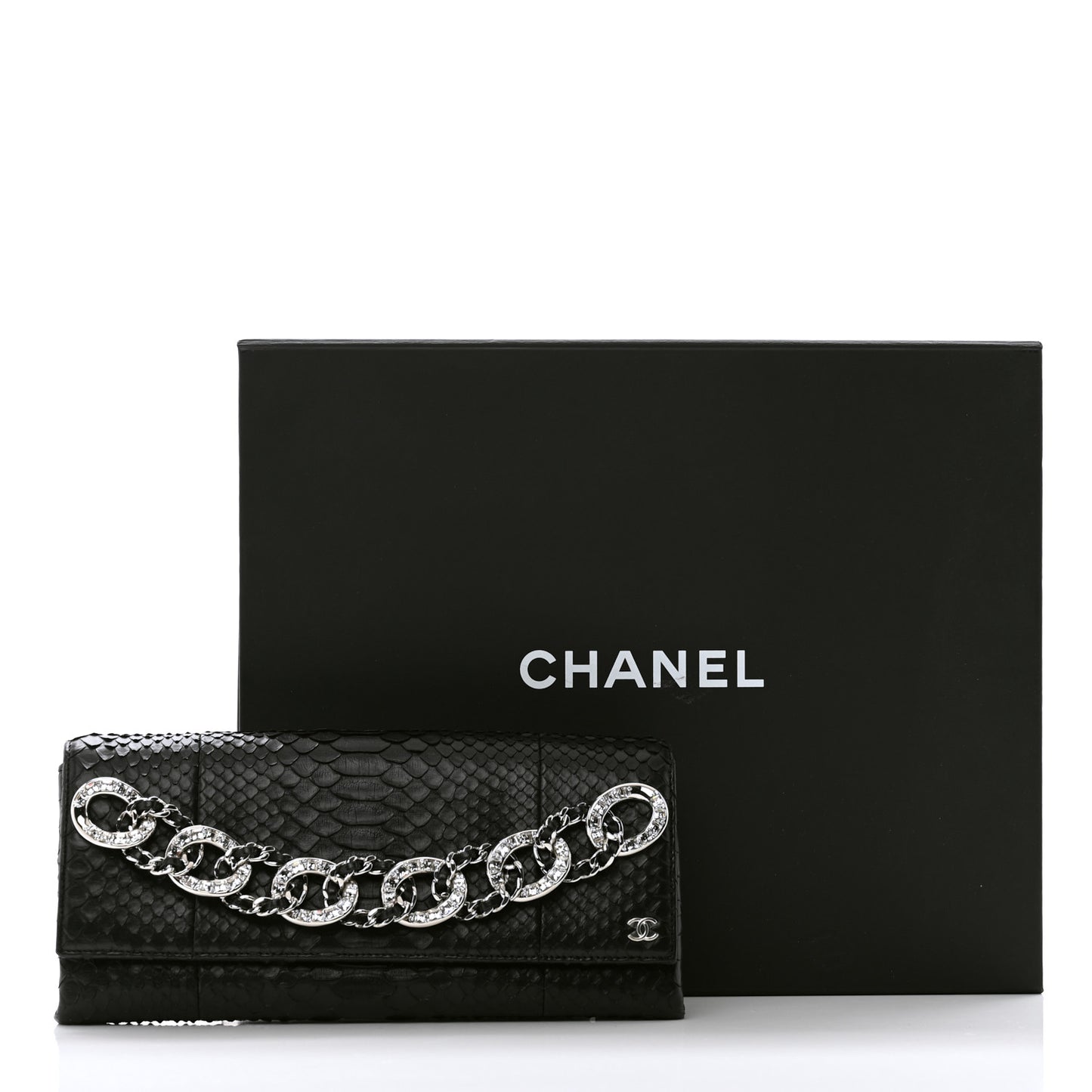 Snakeskin Baguette Crystal Clutch Black