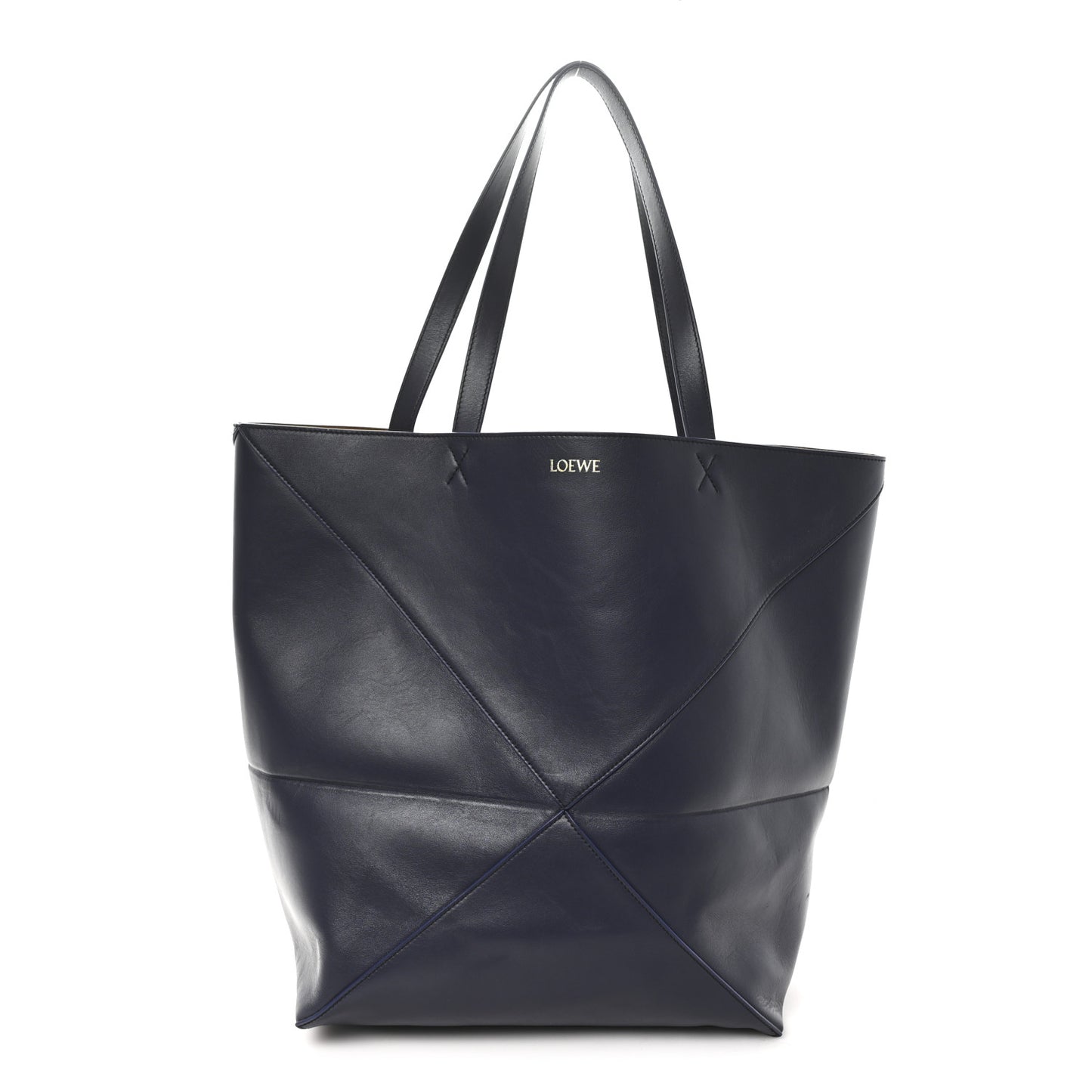 Shiny Calfskin Large Puzzle Fold Tote Abyss Blue