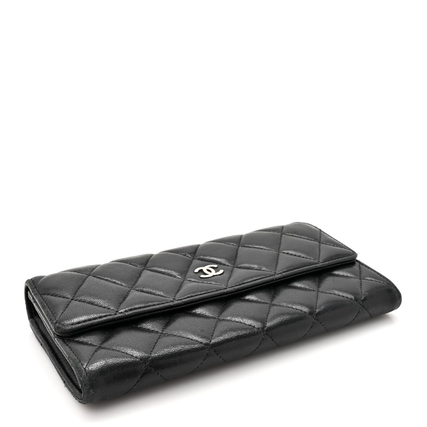 Lambskin Quilted Large Gusset Flap Wallet Black