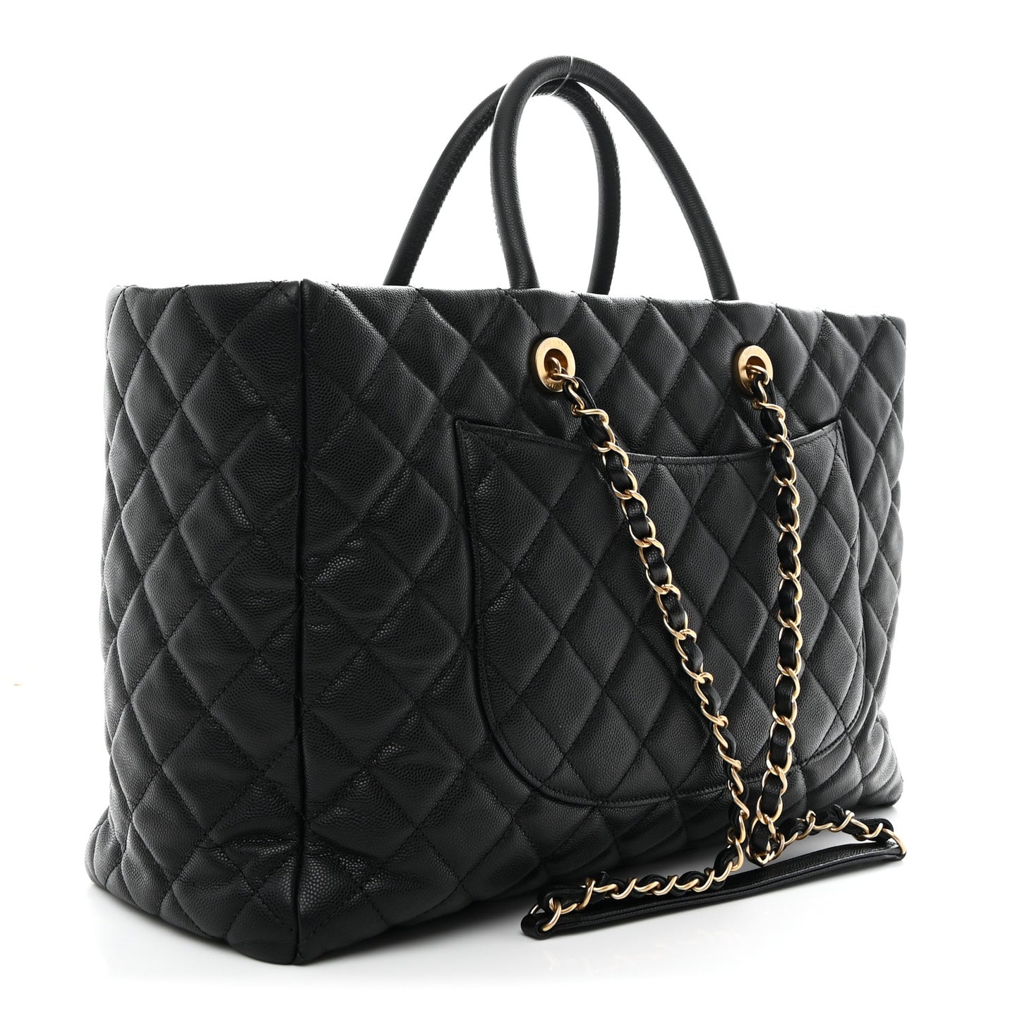 Caviar Quilted Large Coco Handle Shopping Tote Black