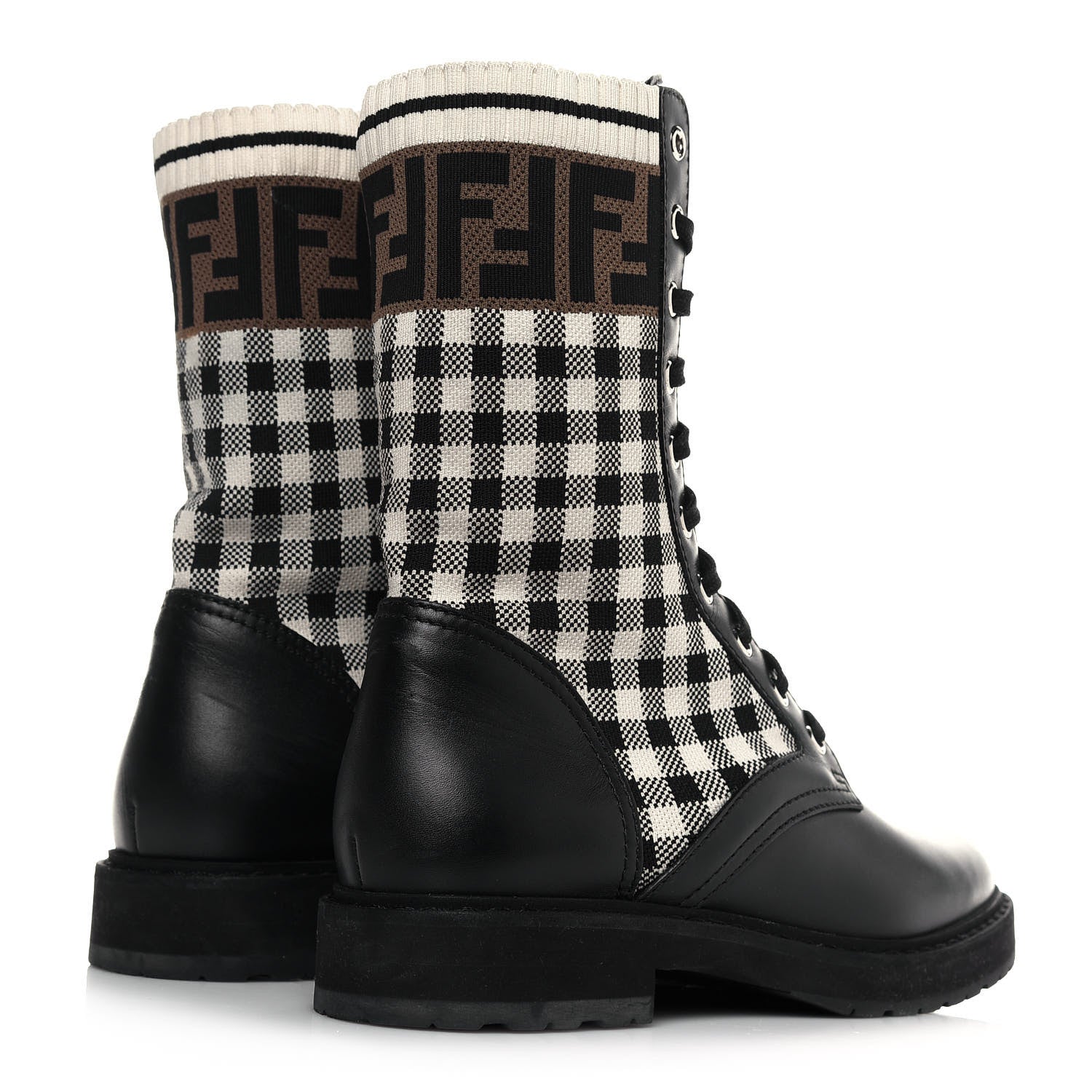 Fendi Vitello Stretch Fabric FF Vichy Rockoko Biker Boots 38.5 Black Crema Tobacco 4 of 9