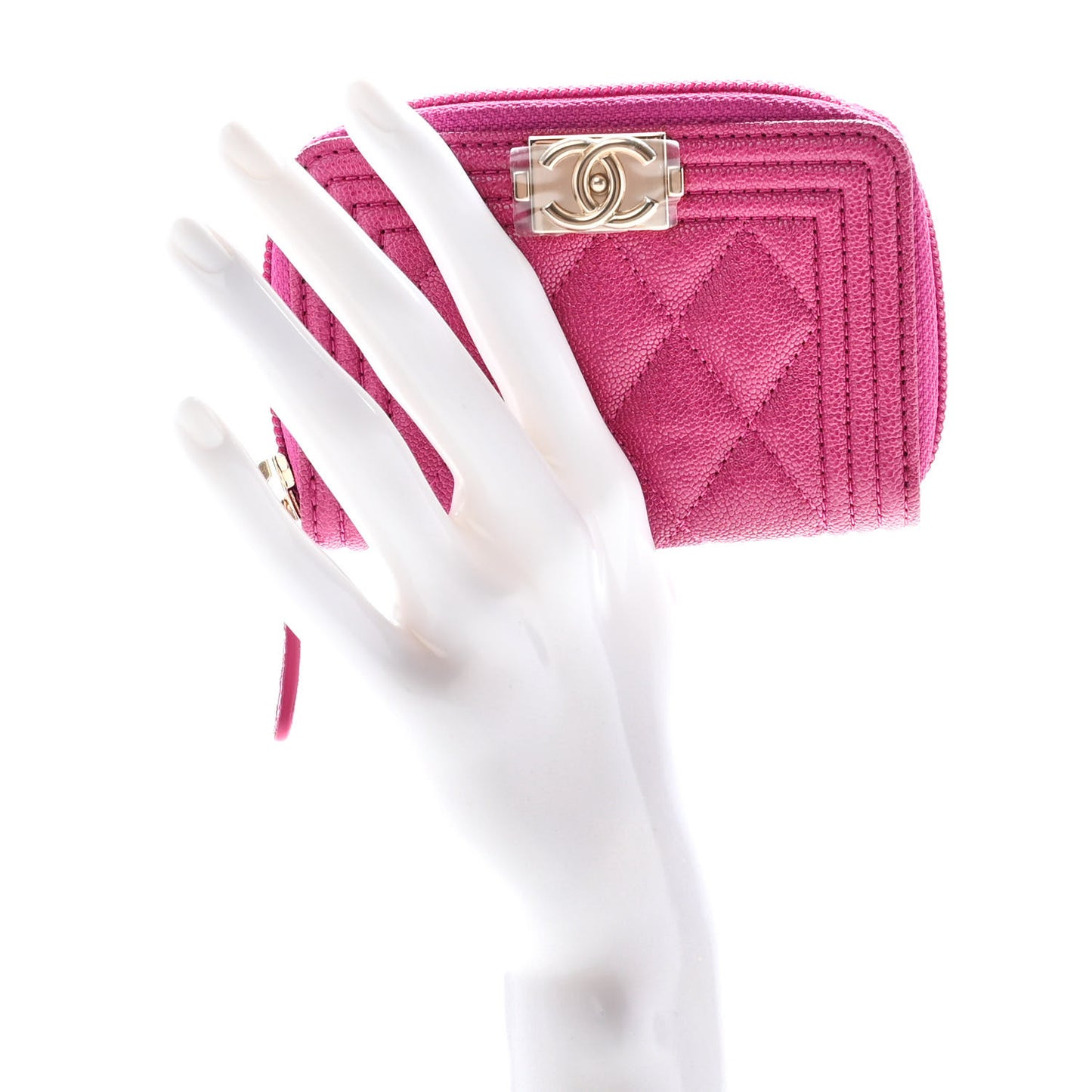 Caviar Quilted Boy Zip Around Coin Purse Wallet Fuchsia