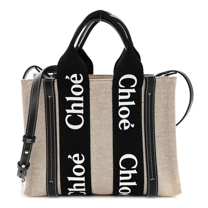 Chloe Cotton Calfskin Small Woody Ribbon Tote With Strap Black Blue 1 of 9