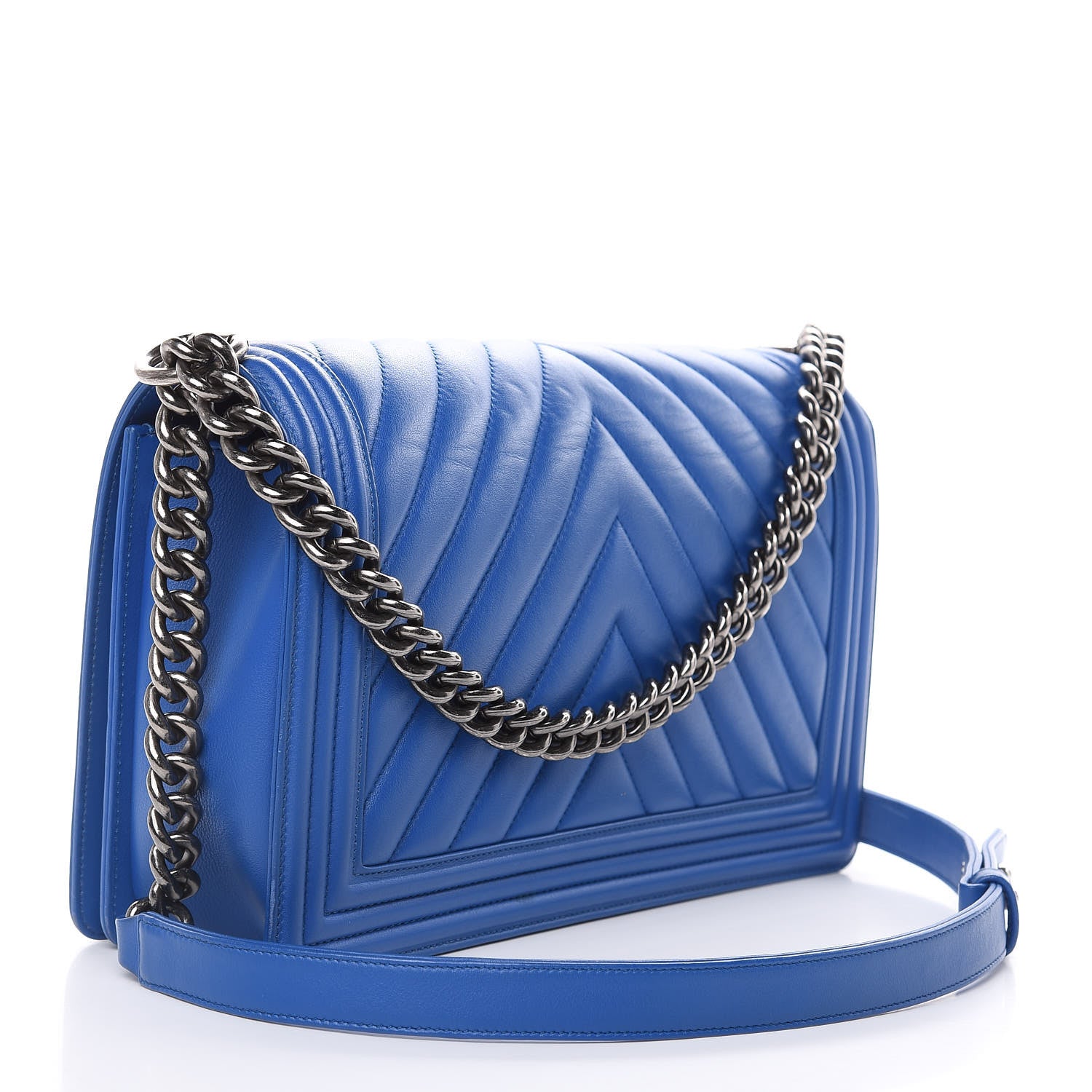 Chanel Calfskin Chevron Quilted New Medium Boy Flap Bright Blue 3 of 15