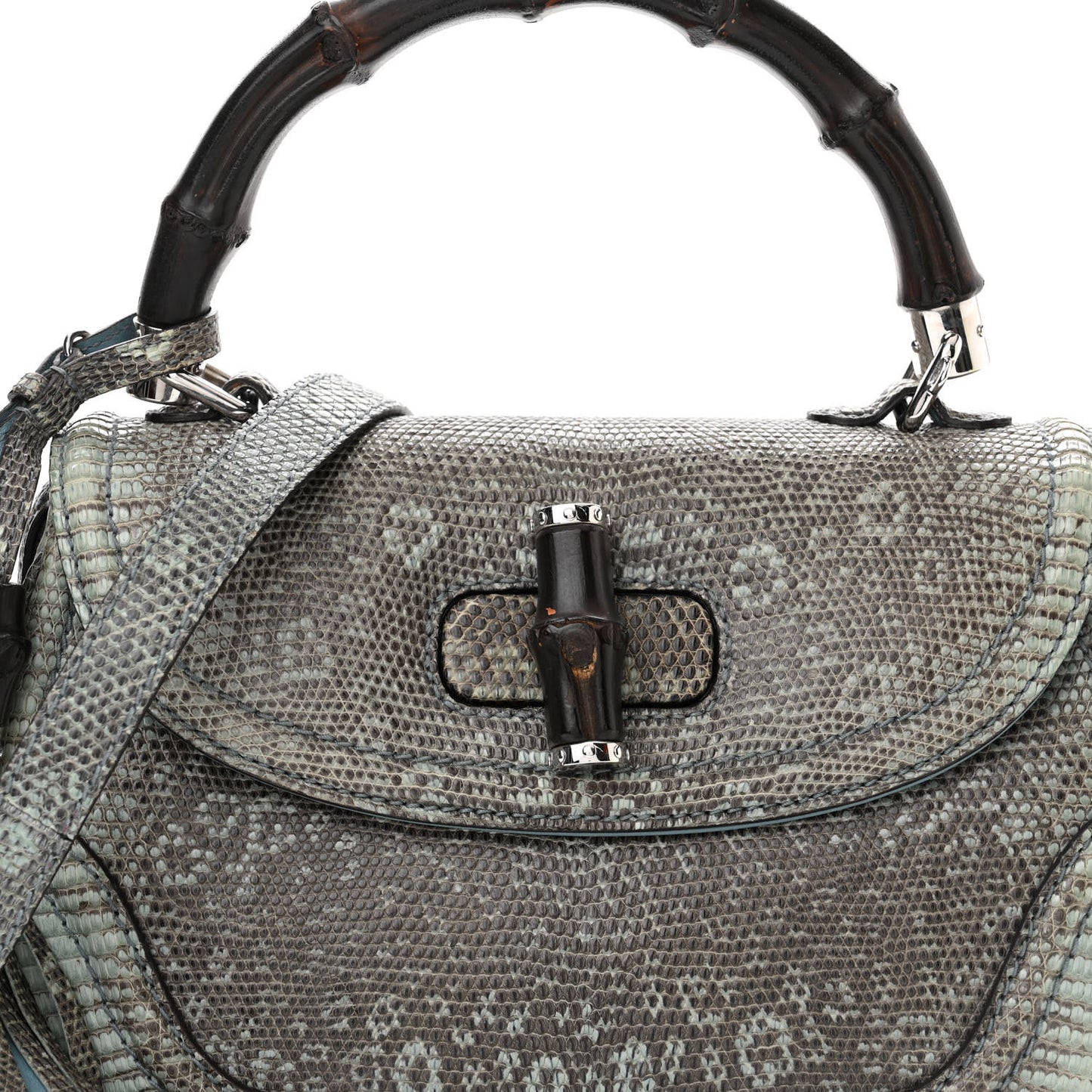 Calfskin Lizard Embossed Medium New Bamboo Top Handle Bag Blue