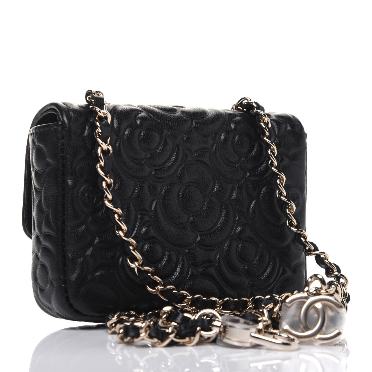 Lambskin Camellia Embossed Chain Belt Bag Black