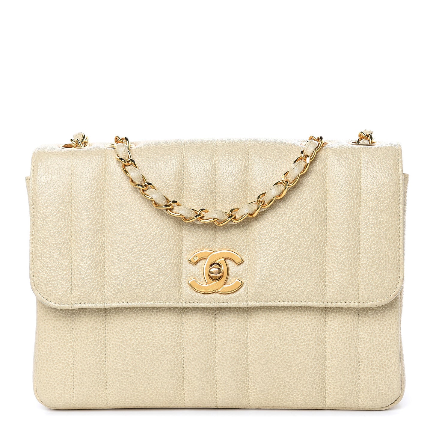 Caviar Vertical Quilted Small Single Flap Beige