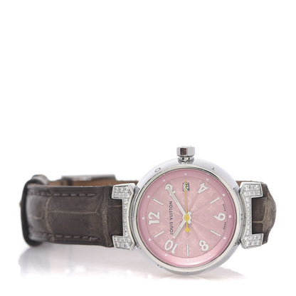 Louis Vuitton Stainless Steel Alligator Diamond 28mm Tambour Quartz Watch 3 of 5