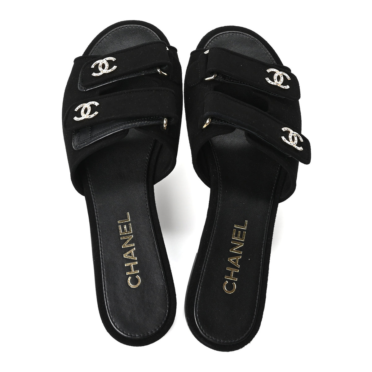 Chanel Suede Kidskin Velcro Crystal CC Mules 39 Black 2 of 9